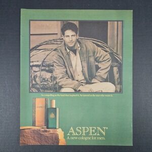 1989 Aspen Cologne For Men Vintage Print Ad Bomber Jacket Bent Wood Bench Shop